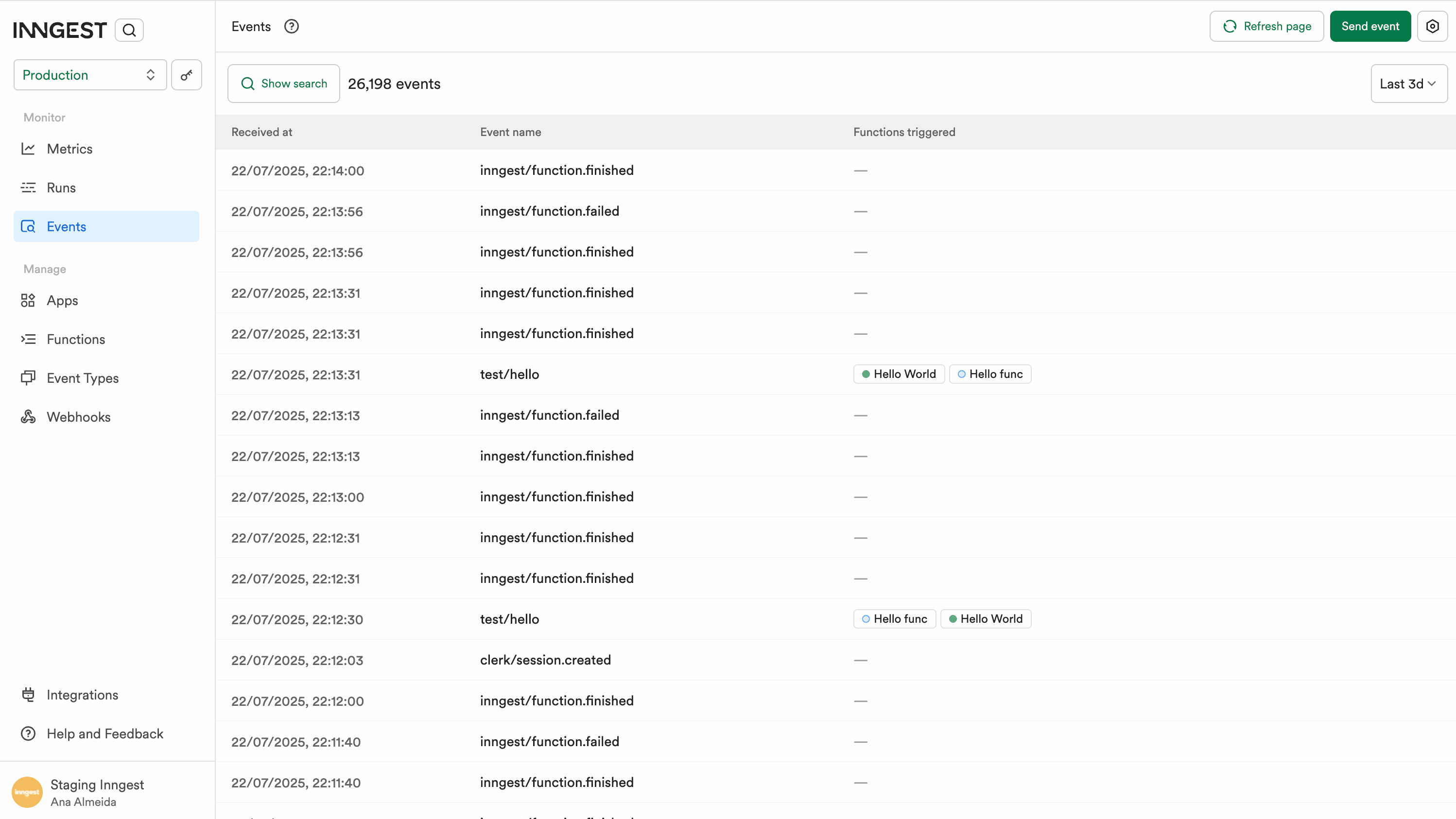 The Events list features the last events received.